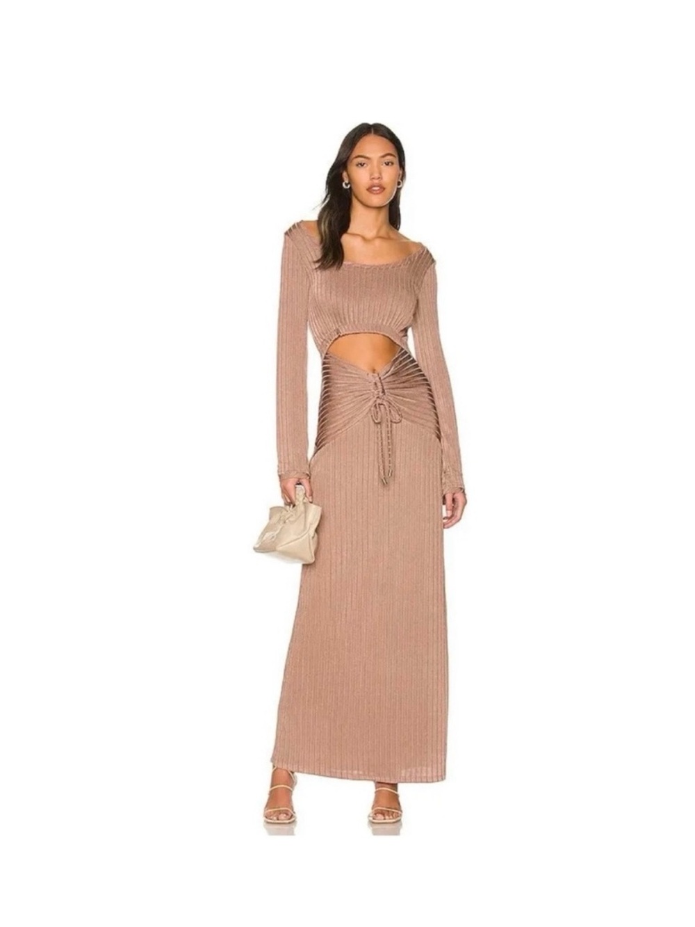 REVOLVE / Free Ppl colab Taupe Ribbed Cutout Maxi Dress with Drawstring Waist